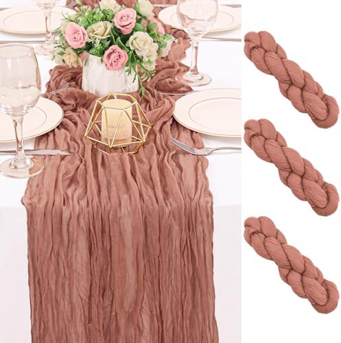 3 Pack 120 Inch Dark Rose Cheesecloth Table Runner Boho Rustic Gauze Sheer Romantic 10 FT Long Cheese Cloth Table Runner for Bridal Baby Shower Wedding Party Birthday Holiday Home Easter Decor