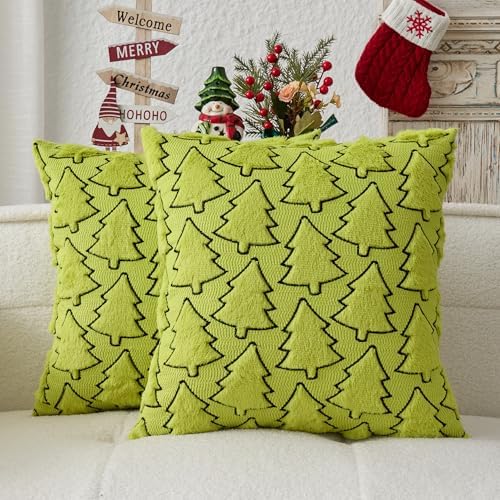 Kevin Textile Christmas Pillow Covers 18x18 Inch Set of 2 Interesting Christmas Tree Embroidery Soft Plush Faux Fur Decoration Pillowcases for Couch Sofa Holiday Festivals Winter Xmas Gift, Green