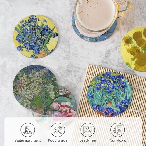 Van Gogh Drink Coasters with Holder - 6 Set Ceramic Coaster for Drinks Absorbent with Cork Base and Golden Holder - Coasters for Coffee Table Apartment Wooden Bar Mugs Glasses Cup Beer