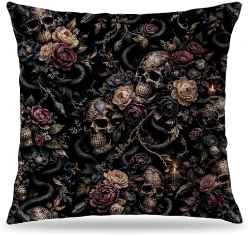 Whimsigoth Gothic Skull Snake Floral Throw Pillow Cover 18x18