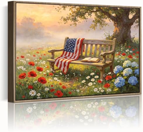 American Flag Framed Canvas Wall Art, 4th of July Patriotic Canvas Prints | Wildflower Landscape Poster Print, Vintage Rustic Independence Day Wall Decor for Bedroom Living Room Office 24×36in
