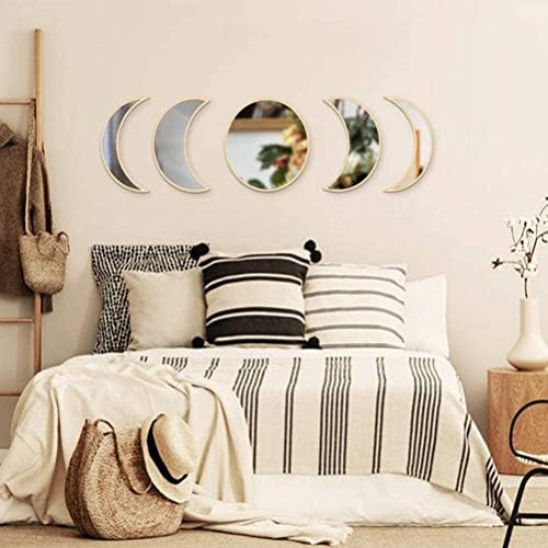 5 pcs Moon Phase Mirror Set Acrylic Wall Decorative Interior Design Wooden Moon Phase Mirror Bohemian Wall Decoration for Home Living Room Bedroom - Not Real Mirror (B)