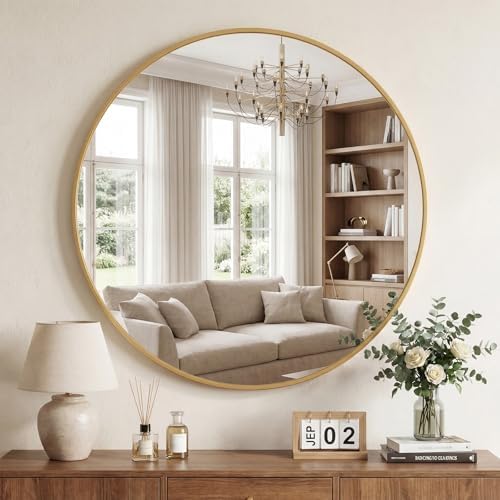 DUMOS 24 Inch Round Wall Mirror, Bathroom Mirrors for Over Sink | Matte Metal Framed Circle Mirror, Wall Decor for Bedroom, Entryway, Anti-Rust, Tempered Glass, Hanging or Leaning, Black
