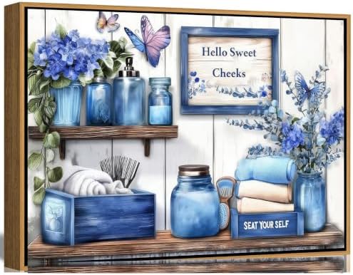 Framed Navy Blue Bathroom Canvas Wall Art Blue Flowers and Butterflies Painting Picture Wall Decor Poster Print Artwork for Toilet Washroom Restroom Home Decoration
