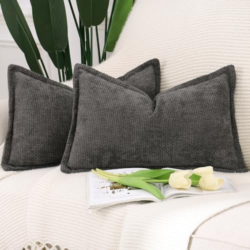 MADIZZ Decorative Chenille Velvet Throw Pillow Covers Set of 2 Soft Boho Textured Neutral Couch Throw Pillow for Bed Modern Farmhouse Home Decor for Sofa Livingroom Dark Taupe 12x20 Inch