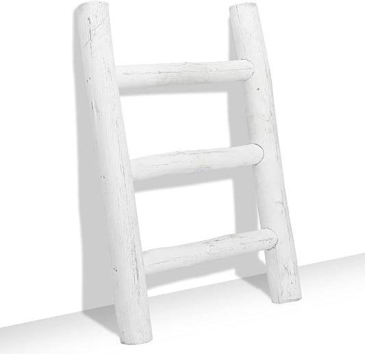 FUIN Tea Towel Ladder, Mini Rustic Solid Wood Decorative Ladder, White | Farmhouse living room accent, Layered blanket towel quilt display, Visible wood grain, Bathroom and Bedroom use