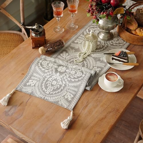 Long Table Runner Embroidered Rustic Dresser Runner, Gray 14"x94"