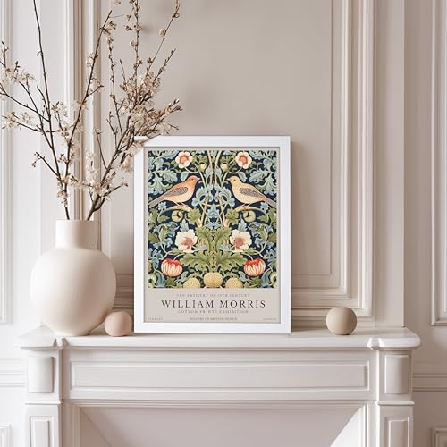 Poster Master William Morris Poster - Strawberry Thief Print - Bird Art - Botanical Art - Flower Artwork - Exhibition Creation - Animal Piece - Floral Illustration - Office or Bedroom Wall Decor - 11x14 White Framed