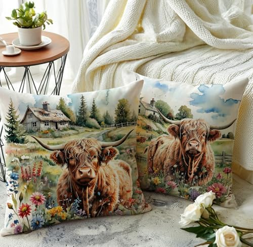 Highland Cow Decorative Throw Pillow Covers with Wildflowers 18x18 Inch Farmhouse Rustic Cushion Cover Western Cows Pillowcase 2Pack for Couch Sofa (Green)