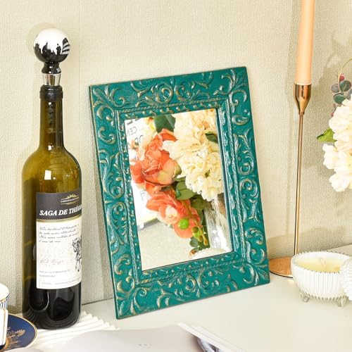 Sungmor Cast Iron Decorative Wall Mirror - Heavy-Duty Green & Gold Embossed Vintage Frame - Ornate Rectangular Hanging Mirror for Entryway, Living Room, or Bathroom