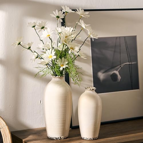 PORCER Ceramic Vases for Home Decor, Ice Crackle Aged White Vintage Ceramic Vase Set of 2, Minimalist Decorative Vase for Table Centerpiece Dining Living Room Office Nightstand Fireplace Decoration