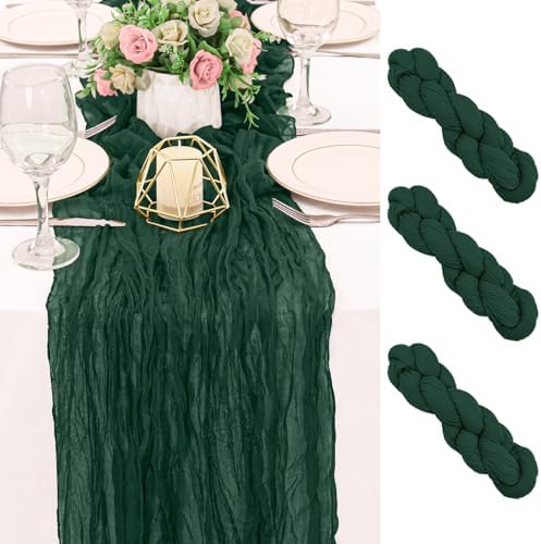 3 Pack 120 Inch Dark Green Cheesecloth Table Runner Boho Rustic Gauze Sheer Romantic 10 FT Long Cheese Cloth Table Runner for Bridal Baby Shower Wedding Party Birthday Holiday Home Easter Decor