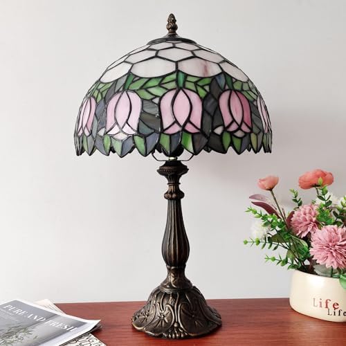 Tiffany Table Lamp 3-Color Light Stained Glass Lamp Tiffany Style Vintage Beside Reading Lamp 12 inch Living Room Light Flowers Style Antique Nightstand Light (Pink Tulip)