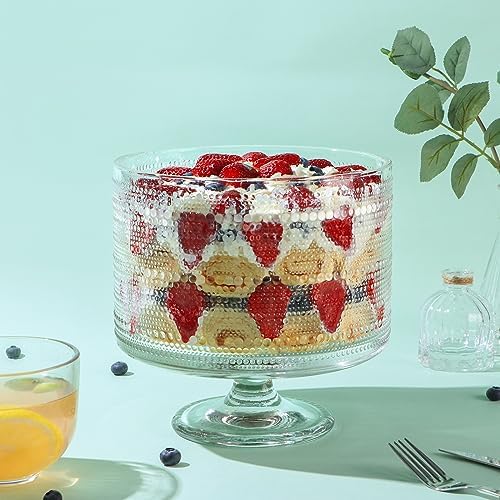 MDLUU Glass Trifle Bowl with Pedestal, 3.43qt Footed Dessert Stand, Vintage Centerpiece Bowl for Layered Cakes, Fruits, Salad (Raindrop Pattern)