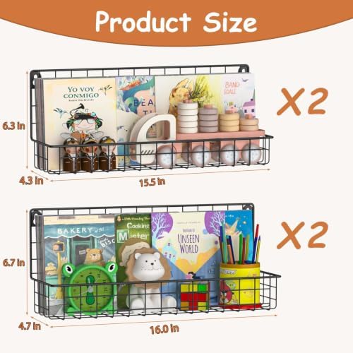X-cosrack 4-Pack Wall Mounted Metal Kids Bookshelf, Floating Book Shelves for Kids Nursery Toddler Classroom, Hanging Book Shelf Organizer for Room Decor, Black