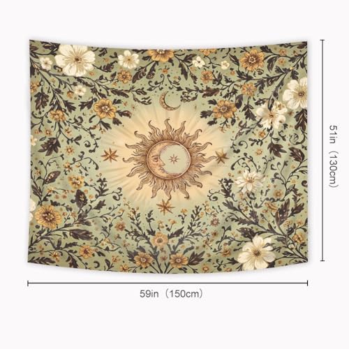 Riyidecor Boho Sun and Moon Tapestry 59Wx51H Inch Green Bohemian Whimsical Floral Flower Leaves Plant Vintage Hippie Retro Rustic Wall Hanging Artistic Home Dorm Decor Art Living Room Bedroom