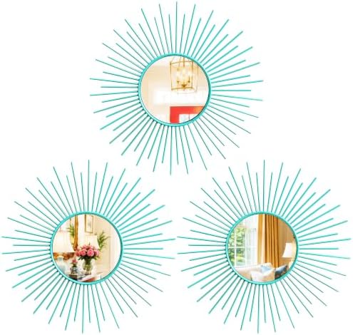 3 Pack Metal Mirrors for Wall Sunburst Wall Mirrors Home Décor Decorative Hanging Wall Art for Living Room Bedroom Entryway (Greenish Blue, Sunburst)