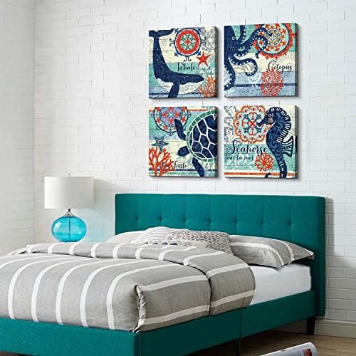 4 Panel Teal Blue Home Wall Art Decor Framed Artwork for Bathroom Living Room Canvas Print Beach Coastal Sea Turtle Octopus Seahorse Whale Pictures Posters Bedroom Decoration 20 x 20 / Piece Set