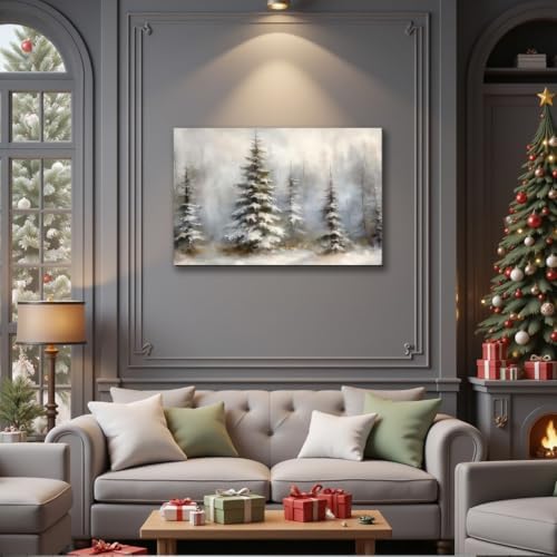Framed Canvas Wall Art 20x30in, Vintage Snowy Christmas Tree Decor, Pine Tree Pictures for Living Room Decor, Winter Forest Paintings for Bedroom Bathroom, Holiday Decorations Gifts