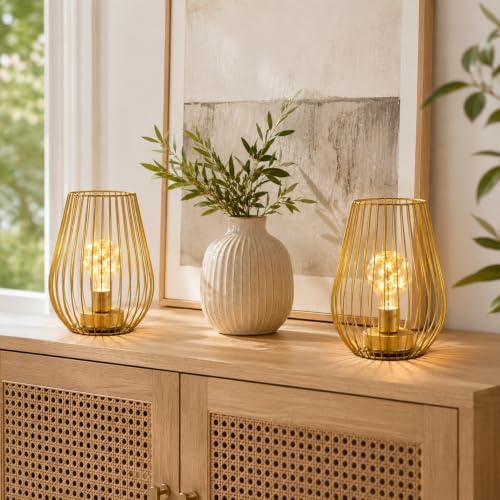 TRIROCKS Metal Cordless Table Lamp - 8'' Tall Set of 2 Cage Shape Battery Operated Lamp with Fairy Lights Bulb for Indoor/Outdoor Use Perfect for Christmas Garden and Weddings (Gold,Set of 2)