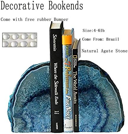 JIC Gem Blue Agate Geode Bookends Heavy Duty Rubber Bumpers 1 Pair 4-6 Lbs | Large Heavy Duty Crystal Book Stoppers Decorative Book Supports Book Holders for Bookshelf Home Office Desktop Crystal Decor