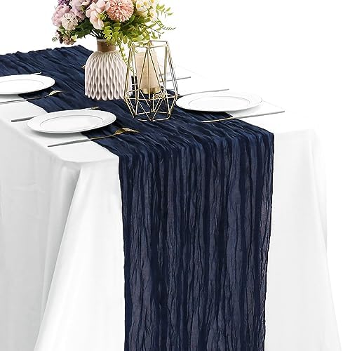 Navy Blue 10FT Cheesecloth Table Runner Boho Gauze Fabric Table Runner Rustic Sheer Runner for Wedding Bridal Baby Shower Birthday Party Boho Table Decor（1 Pack Navy Blue）