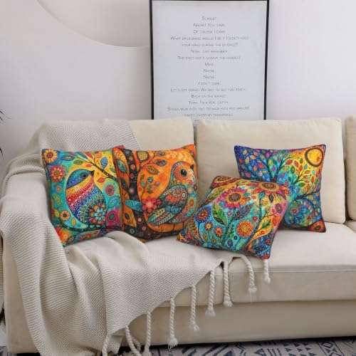 Bohemian Bird Throw Pillow Covers Set of 4 Decorative Soft Double Sided Print Pillow Case Farmhouse Home Decor for Living Room Sofa Couch 18x18
