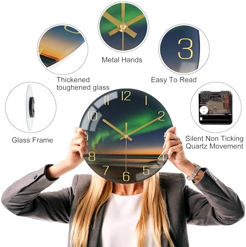 VIKMARI Aurora Black Gold Silent 8" Wall Clock Bathroom Living Room Decor