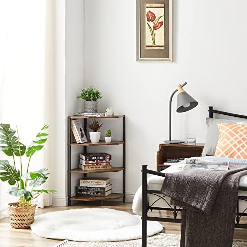 VECELO 31 Inch Corner Shelf, 4-Tier Display Shelves, Wood Storage Stand with Metal Frame, Multipurpose Shelving Unit for Small Space, Home Office,Antique Brown