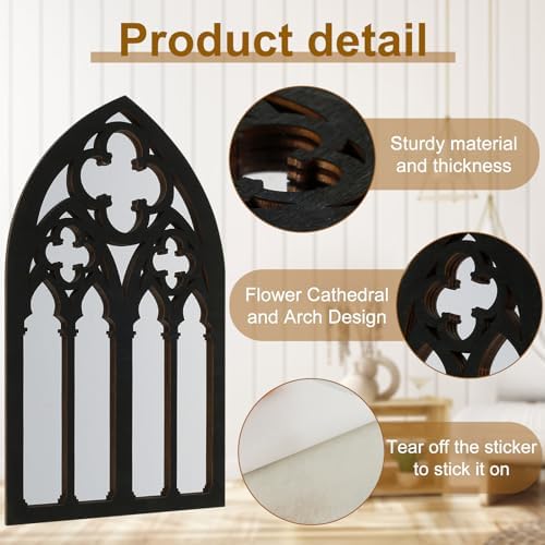 3Pcs Gothic Mirrors Wall Decor 11.8" Arched Decorative Mirrors Wall Mounted Goth Room Decor Vintage Cathedral Window Mirror Indoor Accent Wood Framed Entry Mirror for Living Room Bathroom