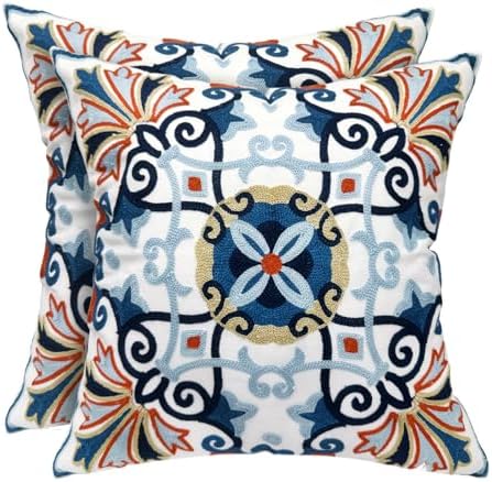 Alysheer Boho Embroidered Throw Pillow Cover 18x18 Set of 2, Orange Floral