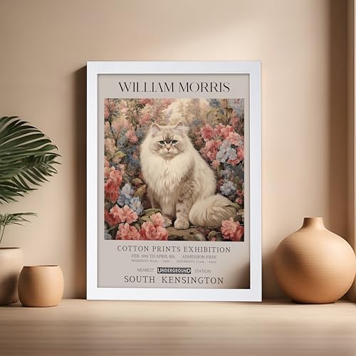 Poster Master Persian Cat Print - Flower Art - Botanical Design - Exhibition Display - Animal Illustration - Floral Cat Painting - Aesthetic Office or Bedroom Decor - 16x20 White Framed