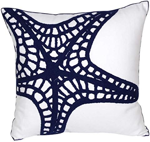 Embroidered Nautical Decor Pillow Cover,Square 18 Inches Decorative Canvas Pillow Cover for Nautical Style Deco by (Navy-Starfish-New)