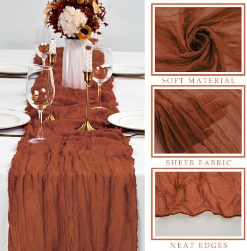 12 Pcs Cheesecloth Table Runner 10FT Terracotta Runner for Tables Gauze Fabric 35 x 120 Inches Long Boho Table Runner Decor Rustic Sheer Runner for Wedding Birthday Bridal Shower Party (Terracotta)