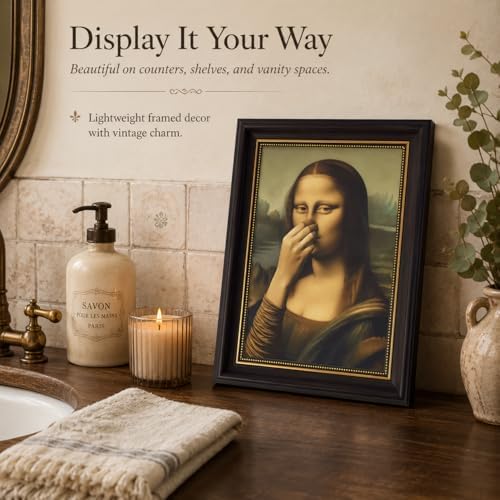 CXKAWM Brown Framed Funny Mona Lisa Holding Nose Bathroom Wall Art 12x16in | Mona Lisa Bathroom Wall Decor Picture Humor Amusing Toilet Poster Print for Restroom Bathroom Home decoration