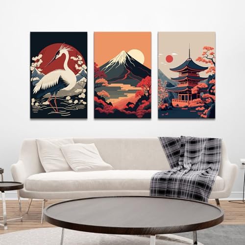 Large Japanese Wall Art Prints for Living Room Red and Black Sunset Fuji Mountain Canvas Pictures White Crane Posters Retro Asian Landscape Paintings for Office Bedroom Home Decorations 24x36" 3Pcs