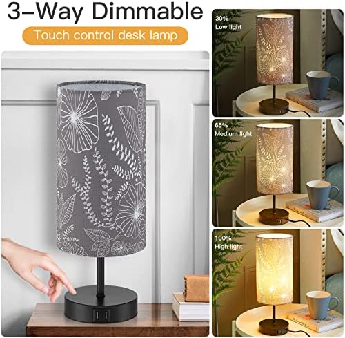 Bedside Table Lamp with 2 USB Ports, Modern Touch Control Desk Lamp with Round Flower Flaxen Fabric Shade, 3 Way Dimmable Small Nightstand Lamp for Bedrooms Living Room Dorm Gray Decor(Bulb Included)