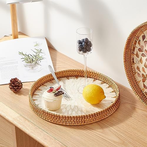 Kmelep Round Rattan Tray with Mother of Pearl Inlay, Rattan Serving Tray with Wooden Base, Decorative Wicker Basket for Table Decor, Storage and Display of Coffee Bread Food Fruit (Leaf 2)