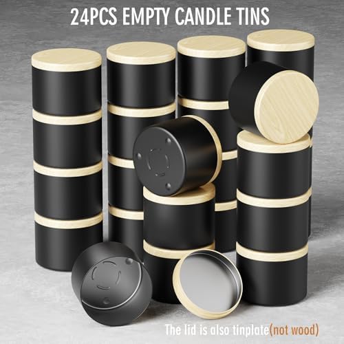 Empty Candles Tins 8 oz Candle Jars 24 pcs Candle Containers with Lid for Candle Making (Black-Woodgrain, 8oz)