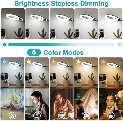 10X Magnifying Glass with Light and Clamp, 5 Color Modes Stepless Dimmable Lighted Magnifier with Stand, Flexible Gooseneck LED Desk Lamp Hands Free for Craft Painting Hobby Close Work - Green
