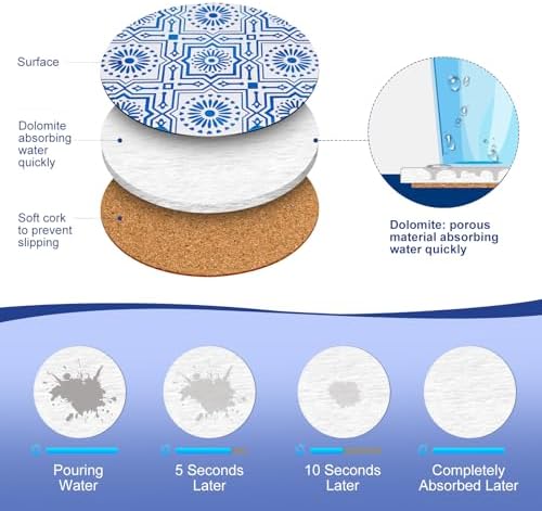 Coasters with Holder,Blue and White Style Ceramic Drink Coaster, Absorbent Coaster Sets of 6 for Tabletop Protection,Suitable for Kinds of Cups,Cool Home Decor, Wooden Table, 4.1 Inches