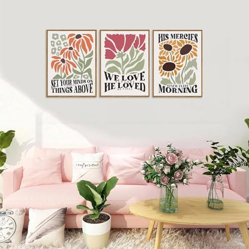 Framed Christian Bible Scripture Wall Art Set of 3 12x16 Inch | Flower Marke Pictures Decor Inspirational Paintings Religious Verses Canvas Prints, Artwork for Christian Women & Teen Girls