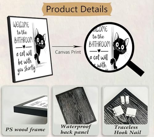 Black Framed Funny Cat Canvas Wall Art Black White Humorous Animal Bathroom Poster Print Artwork Welcome to Bathroom Painting Picture Wall Decor for Restroom Toilet Home Decoration 8x10in
