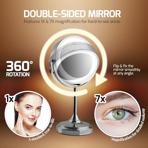 OVENTE 7'' Lighted Magnifying Makeup Mirror, Polished Chrome MCT70CH1X7X | Cordless Tabletop Vanity Mirror with 1X/7X Magnification, Battery Operated, 360° Swivel Design, Cool-Tone LED Lights