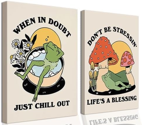Retro Groovy Frog Mushroom Wall Art 70s Vintage Chill Quote Canvas Prints | Cute Animal Painting Cottagecore Positive Cozy Picture Wall Decor for Bathroom Bedroom Ready to Hang 12x16Inches