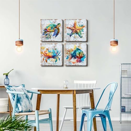 Nautical Wall Art Sea Turtle Wall Decor Watercolor Starfish Seafish Crab Canvas Pictures for Bathroom Decor Rustic Sea Animal Painting Artwork for Bedroom Living Room Home Decorations 20x20" 4Pcs