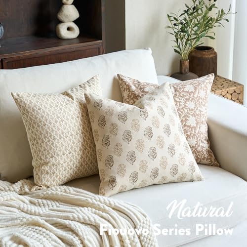 FIOUOVO Floral Vintage Throw Pillow Covers 24x24 Pillow Cover Block Print Cushion Covers Farmhouse Decorative Neutral Accent Home Décor for Sofa Couch Living Room Bedroom, 1PC, Cognac Brown