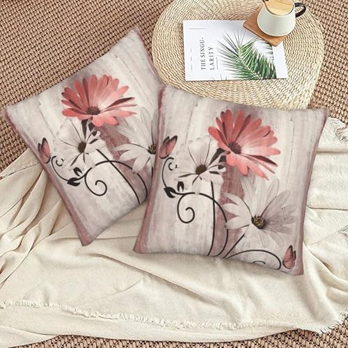 Red Floral Pillow Covers 16 x 16 Inch Set of 2 Daisy Floral Butterfly Decorative Throw Pillow Covers Linen Rustic Farmhouse Cushion Cases for Home Sofa Couch Living Room Decor