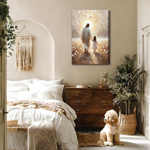 Jesus and Girl Wall Art Christian Kids Room Painting Wall Decor Jesus Walking with Girl Picture Prints Christian Religious Poster I Will Walk With Christ Canvas Artwork for Kids Room Church 12X16 Inch