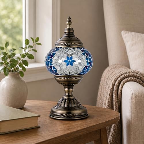 GOGERS Turkish Moroccan Table Lamp Lantern with Handmade Mosaic Glass Lampshade Tiffany Style Bohemian Stained Glass Decorative Desk Lamps Bedside Night Lights for Bedroom (Blue White)